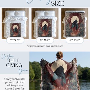 May include: A decorative throw blanket with a moth design, available in three sizes: 37" x 52", 50" x 60", and 60" x 80". The blanket features a moth illustration with a full moon and floral elements. The text "Choose Your SIZE" is at the top.