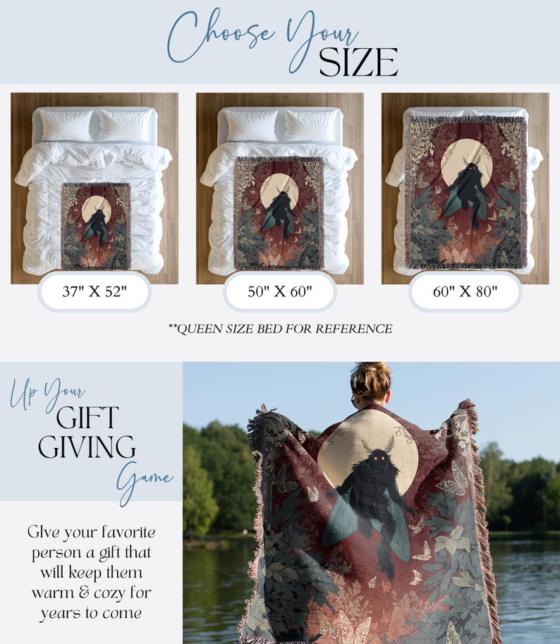 May include: A decorative throw blanket with a moth design, available in three sizes: 37" x 52", 50" x 60", and 60" x 80". The blanket features a moth illustration with a full moon and floral elements. The text "Choose Your SIZE" is at the top.