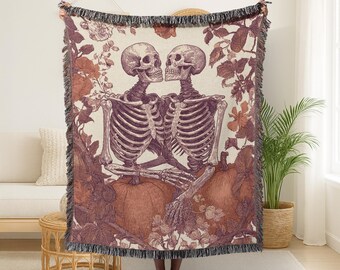 Skeleton Pumpkin Woven Blanket Gothic Halloween Throw Blanket Spooky Dark Cottagecore Blanket Cozy Fall Blanket Haunted House Blanket Gift