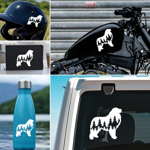 May include: White vinyl decal of a Bernese Mountain Dog with a silhouette of pine trees inside the dog's outline. The decal is shown on a variety of surfaces, including a baseball cap, a motorcycle gas tank, a water bottle, and a car window.