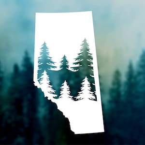 May include: White silhouette of the Canadian province of Alberta, with a line of pine trees inside the outline.