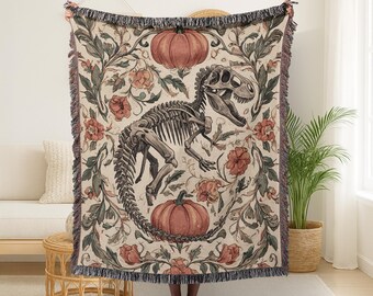 Spooky Skeleton T Rex Dinosaur Blanket Halloween Woven Throw Blanket With Pumpkins Gothic Halloween Blanket Scary Dino Blanket Dino Mom Gift