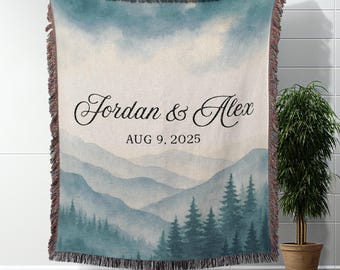Custom Mountain Forest Throw Blanket Personalized Woven Blanket Wedding Gift For Outdoorsy Couple Anniversary Gift For Nature Lovers