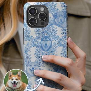Custom Dog Phone Case French Toile Chinoiserie Pet Portrait iPhone 15 iPhone 14 Galaxy S24 Personalized Dog Gift Customized Gift for Dog Mom