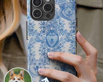 Personalisierte Hunde Handyhülle French Toile Chinoiserie Pet Portrait iPhone 15 iPhone 14 Galaxy S24 Personalisiertes Hundegeschenk Individuelles Geschenk für Hundemama