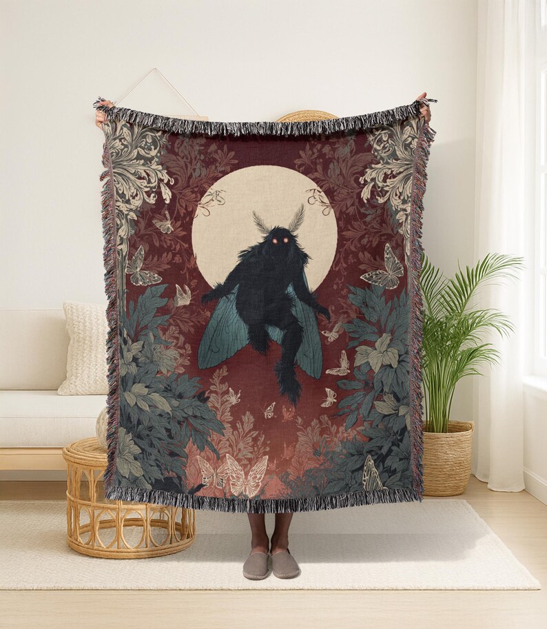 May include: A woven tapestry throw blanket featuring a dark silhouette of a moth-like creature with glowing eyes against a full moon. The design includes butterflies and foliage in shades of burgundy, teal, and gray, with a fringed edge.