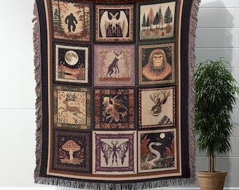 Cryptid Woven Blanket Cryptid Gift Throw Blanket Cottagecore Jackalope Blanket Cottagecore Decor Woven Throw Blanket Bigfoot Gift Mothman