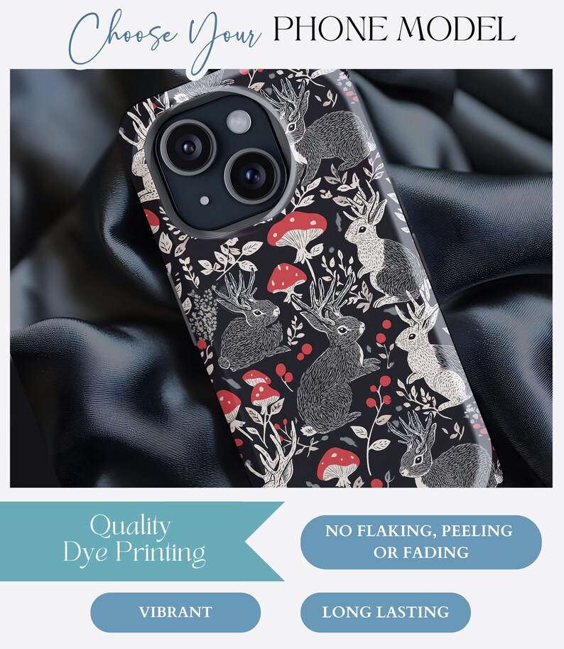 May include: A black phone case with a white and red pattern of deer and mushrooms. The case is made with quality dye printing and is vibrant and long lasting.