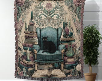 Book Lover Woven Blanket With Black Cat Bookshelf Design Throw Blanket Gift For Readers Cozy Reading Blanket Avid Reader Bookish Decor