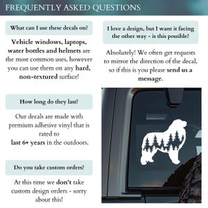May include: Frequently Asked Questions about custom decals.  The image shows a white silhouette of a dog with trees inside the silhouette.  The text on the image reads: "I love a design, but I want it facing the other way - is this possible? Absolutely! We often get requests to mirror the direction of the decal, so if this is you please send us a message."