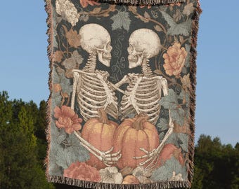 Spooky Skeleton Pumpkin Woven Blanket Halloween Throw Blanket Dark Gothic Blanket Cottagecore Decor Cozy Blanket Witchy Blanket Goth Gift