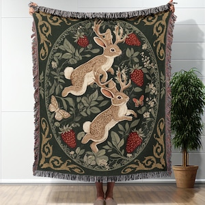 Jackalope Woven Blanket Jacquard Throw Blanket Cottagecore Jackalope Cotton Blanket Cottagecore Decor Woven Throw Blanket Jackalope Tapestry