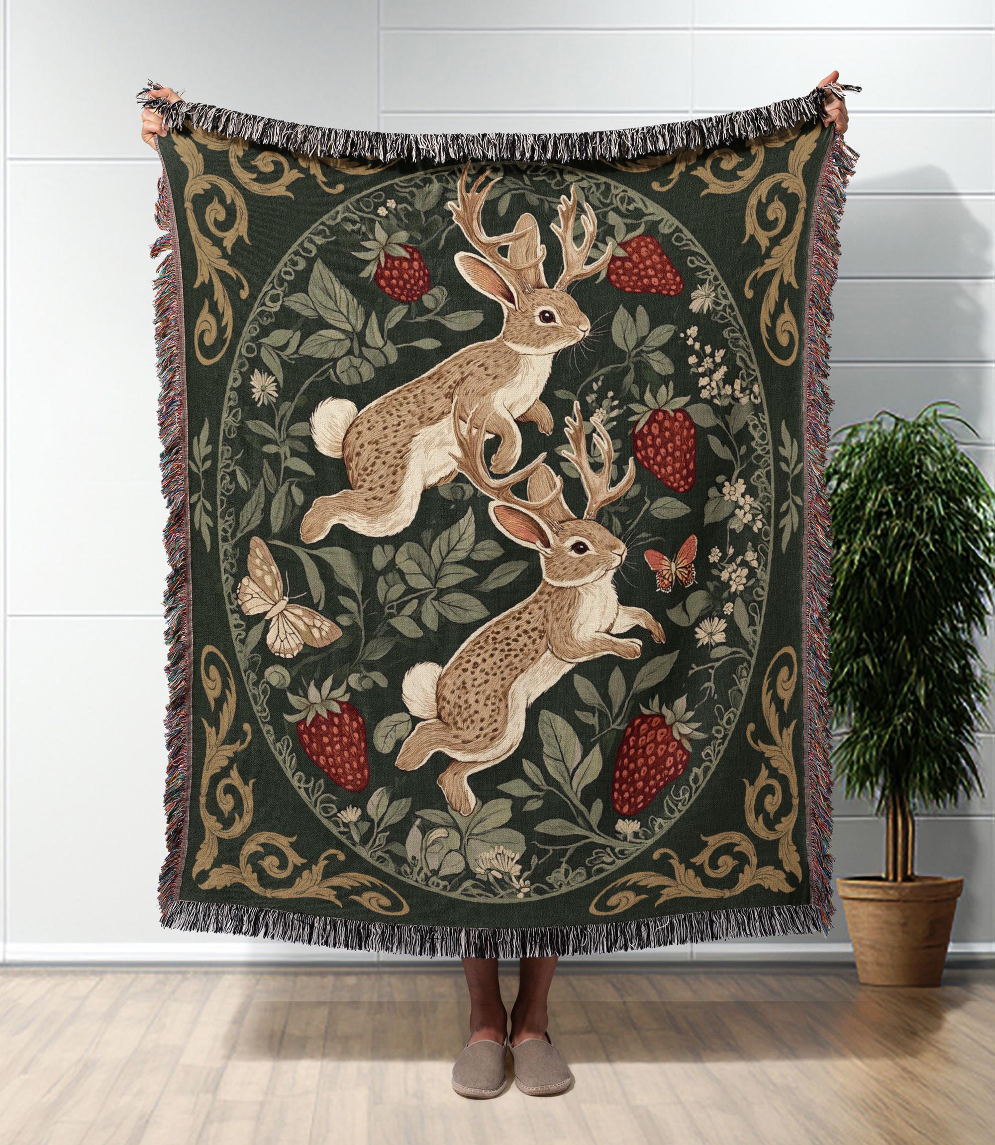 Jackalope Woven Blanket Jacquard Throw Blanket Cottagecore Jackalope Cotton Blanket Cottagecore Decor Woven Throw Blanket Jackalope Tapestry
