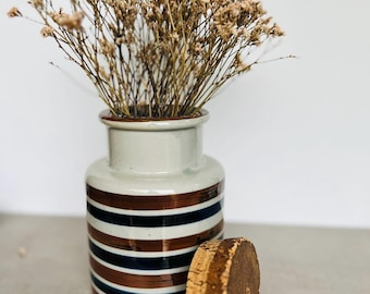 Japanese Container with Lid | Mid Century Stripped Vase | Earthy Pottery | Blue and Brown