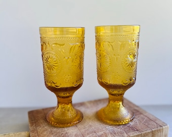 Vintage Indiana Goblet Glass | Daisy Amber Drinking Glass | Set of 2