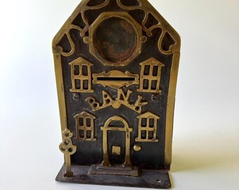 Antique Victorian Iron and Brass Piggy Bank from 19th Century
