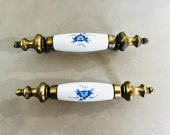 Vintage Brass Porcelain Floral Drawer Pulls - Set of 2