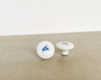 Vintage Porcelain Draw Pulls | Blue and White Floral Detail | Set of 2 | Knobs