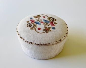 Hungarian Folk Art Floral Embroidered Linen Round Box