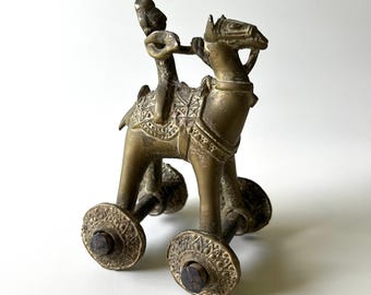 Vintage Dhokra Brass Camel with Rider on Wheels Folk Art