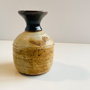 May include: A handcrafted ceramic vase with a dark brown rim and a speckled, tan-colored body. The vase has a rounded shape with a narrow neck and a flared top. The pottery has a rustic, earthy aesthetic.