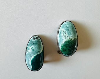 Vintage Artisan-Crafted Clip-on Earrings with Marbled Teal and White Gemstone set in a Sterling Silver Bezel - Israel Sterling