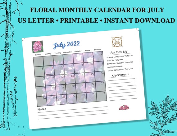 Floral Monthly Calendar Printable Instant Download for July - Etsy