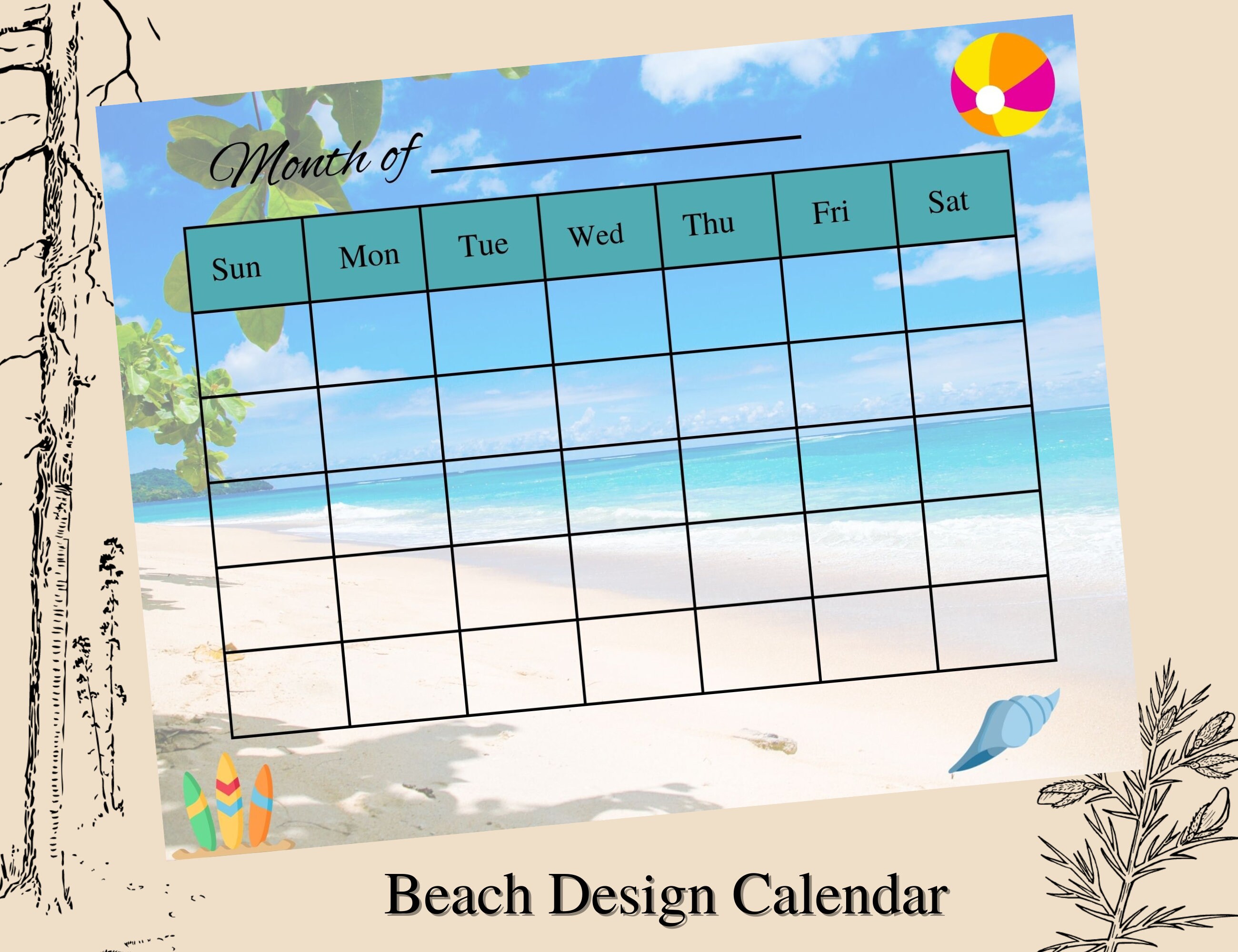 Perpetual Monthly Calendar Templet With Beach Designs, 11 X 8.5 Letter ...