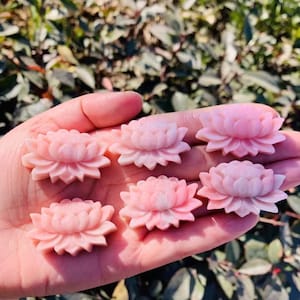May include: Six pink carved lotus flower shaped stones. The stones are smooth and polished.