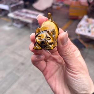Könnte beinhalten: Kleine, geschnitzte Katzenfigur aus Tigeraugen-Edelstein. Die Katze befindet sich in einer spielerischen Pose, mit ausgestreckten Vorderpfoten und erhobenem Schwanz. Der Edelstein hat eine warme, goldbraune Farbe mit natürlichen Mustern.
