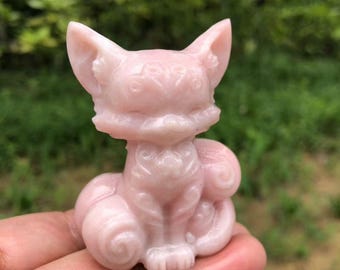 天然石ファイアクォーツ共生水晶の九尾狐　置物　彫り物G.266 ファイアクォーツ九尾狐 天然石ファイアクォーツ共生水晶の九尾狐 置物