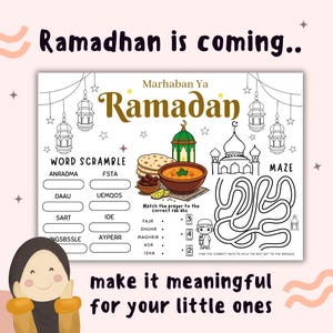 Può includere: Un foglio di attività bianco con il testo "Ramadhan is coming" e "Marhaban Ya Ramadan". Include giochi di parole, un labirinto e un gioco di abbinamento di preghiere. Il foglio presenta illustrazioni di cibo, una moschea e lanterne.