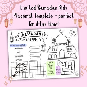 Può includere: Un modello di tovaglietta a tema Ramadan in bianco e nero per bambini. Presenta un cruciverba, una griglia di disegno e un labirinto. Include il testo "Ramadan Kareem" e "Let's Draw". Sono illustrate anche lanterne decorative e una moschea.