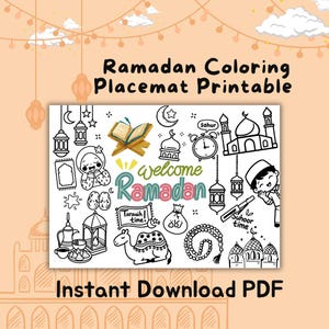 Può includere: Un sottobicchiere da colorare del Ramadan in bianco e nero con varie illustrazioni, tra cui una moschea, una luna crescente e un cammello. Le parole "Welcome Ramadan" sono al centro. Il testo "Instant Download PDF" è in basso.