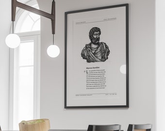 May include: Black and white illustration of Marcus Aurelius, a Roman emperor and Stoic philosopher, with a quote from him about the nature of love. The illustration is framed and hanging on a white wall above a black dining table with two chairs.