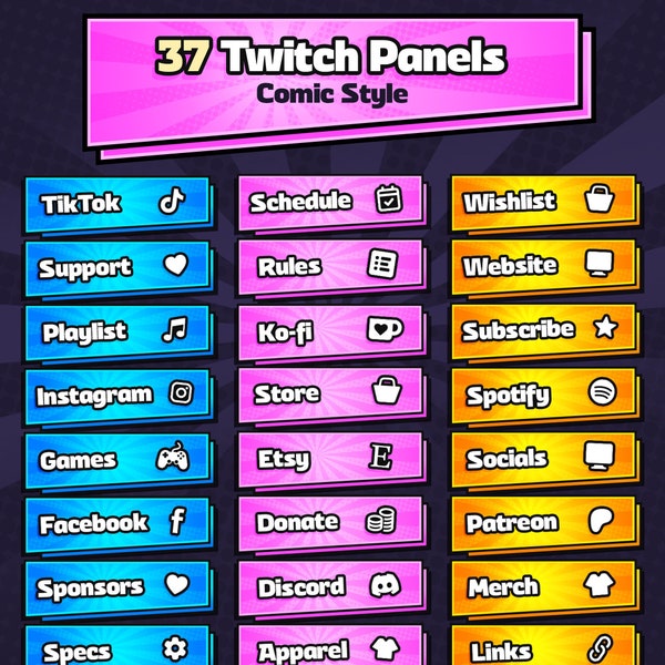 37 Twitch Panels Comic, Stream Comic Panels for Twitch Streamers, Blue, Pink & Yellow Colors, Digital Download