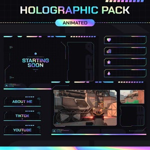 Sobreposição de Twitch animada holográfica, download digital, pacote de transmissão, alertas de Twitch, sobreposições de webcam, painéis, transição de transmissão