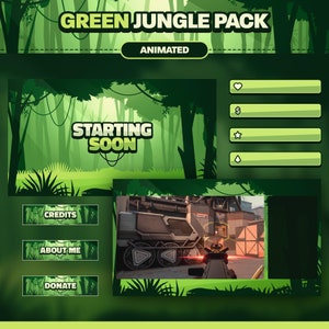 Könnte beinhalten: Animiertes Twitch-Overlay-Paket im grünen Dschungel-Design mit einem „Bald geht’s los“-Bildschirm, einem Chat-Feld und Schaltflächen für Credits, Über mich und Spenden. Das Overlay enthält auch einen Live-Gameplay-Bildschirm.