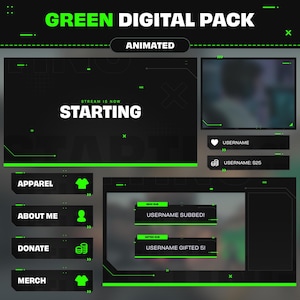Sobreposição animada do Twitch verde, Pacote de transmissão verde, Alertas do Twitch, Sobreposição de webcam, Painéis do Twitch, Transição de transmissão | Twitch, YouTube, Kick
