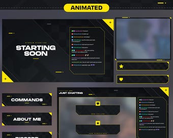 Animated Modern Twitch Stream Pack: Yellow Stream Overlay, Screens, Alerts, Webcam, Panels (Digital Download)