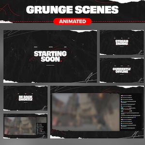Op de afbeelding: Een verzameling geanimeerde stream-overlays met een zwarte grunge-achtergrond, witte tekst en rode accenten. De set bevat schermen met de tekst STARTING SOON, STREAM ENDING, CURRENTLY OFFLINE, BE BACK SHORTLY en twee lay-outs met chatvensters.