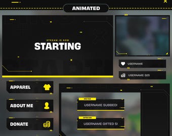 Animated Twitch Overlay Yellow, Stream Package Yellow, Twitch Alerts, Webcam Overlay, Twitch Panels, Stream Transition Twitch, YouTube, Kick