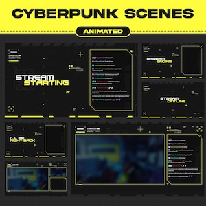 Könnte beinhalten: Ein digitales Stream-Overlay-Set in Schwarz und Gelb mit Textelementen wie CYBERPUNK SCENES, ANIMATED, STREAM STARTING, STREAM ENDING, STREAM OFFLINE und I'LL BE RIGHT BACK sowie Layouts für Chat-Boxen und Videorahmen.