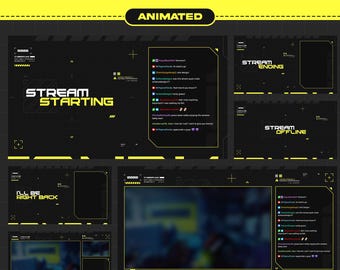 Animated Cyberpunk Twitch Scenes Overlay: Yellow Stream Screens (Digital Download)