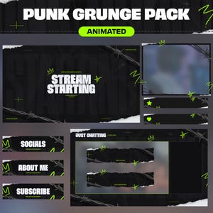 Peut inclure: Un pack de superpositions pour streaming au style punk grunge avec des fonds noirs, des bords en papier déchiré et des motifs de fil barbelé. Les graphismes incluent des étoiles et couronnes vert néon, avec le texte blanc PUNK GRUNGE PACK, STREAM STARTING, SOCIALS, ABOUT ME, SUBSCRIBE et JUST CHATTING.