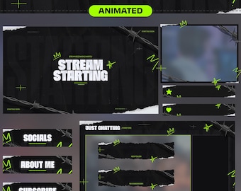 Animated Punk Grunge Stream Pack: Neon Green Twitch Overlay, Screens, Alerts (Digital Download)
