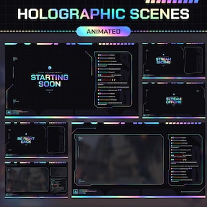 Peut inclure: Un pack de superpositions pour flux vidéo intitulé HOLOGRAPHIC SCENES ANIMATED, avec un fond à grille sombre et des accents holographiques iridescents. Inclut des mises en page pour STARTING SOON, STREAM ENDING, STREAM OFFLINE, BE RIGHT BACK et des chats.