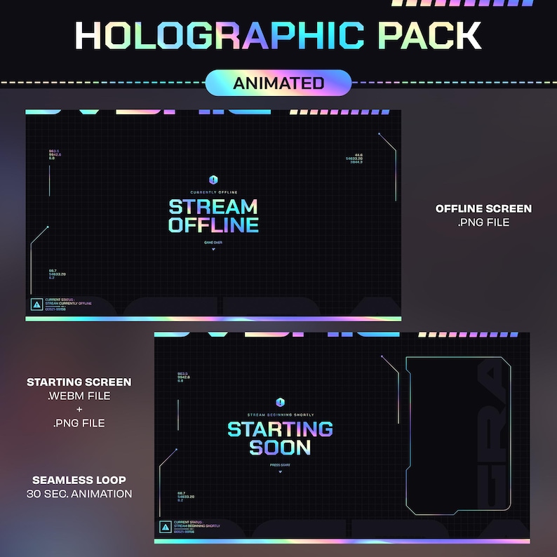 Animowana holograficzna nakładka Twitch: Tęczowy pakiet transmisji (alerty Twitch, nakładka kamery internetowej, panele, sceny, przejście Stinger) zdjęcie 2
