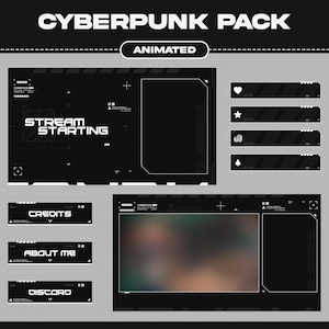Superposition animée Cyberpunk Twitch : paquet de diffusion en noir et blanc (téléchargement numérique)