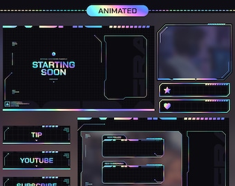 Geanimeerde twitch-overlay holografisch, minimal stream-overlay regenboog, twitch-paneel, streammeldingen, twitch-overgang, iriserend twitchpack
